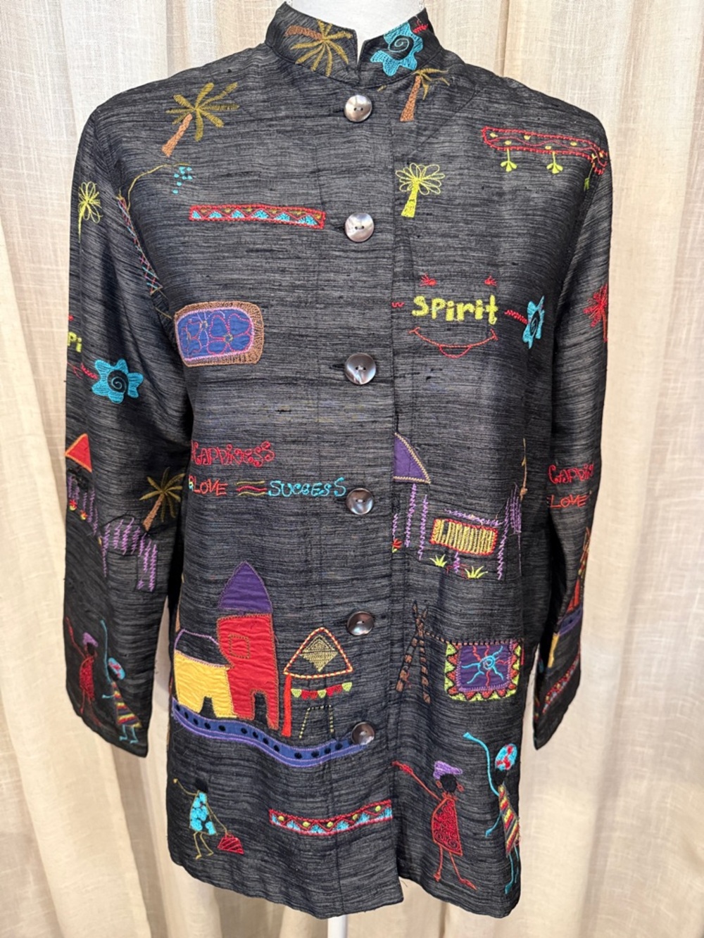 Chico’s Embroidered Art Jacket Size 0 Silk Blend Whimsical Village Button Front